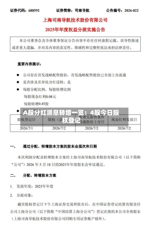 A股分红派息转增一览：4股今日股权登记-第2张图片