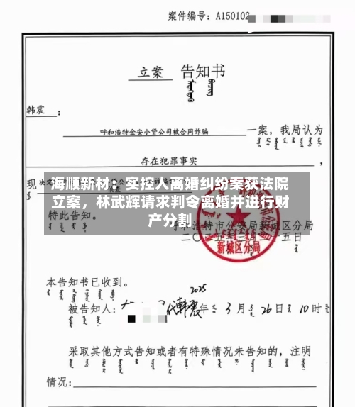 海顺新材：实控人离婚纠纷案获法院立案，林武辉请求判令离婚并进行财产分割-第2张图片