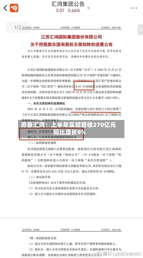 苏豪汇鸿：上半年实现营收270亿元 同比增长9%-第2张图片
