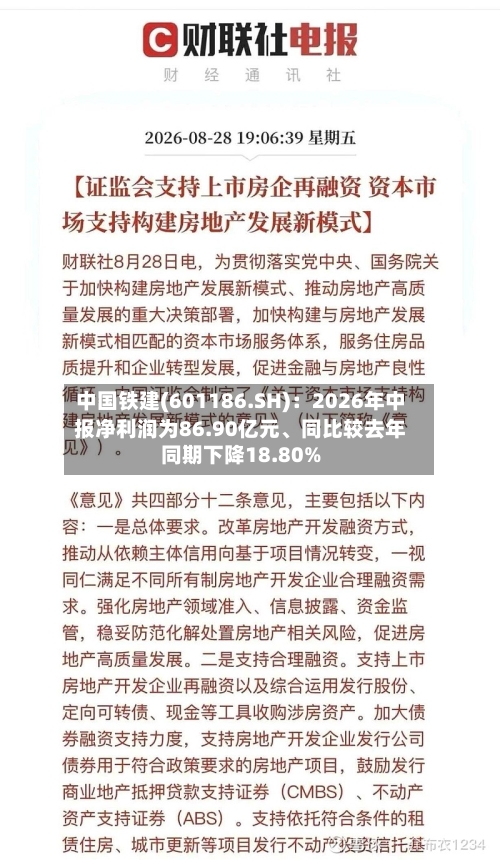 中国铁建(601186.SH)：2026年中报净利润为86.90亿元、同比较去年同期下降18.80%-第2张图片
