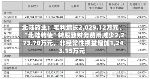 北陆药业：毛利增长2,029.12万元	、“北陆转债”转股致财务费用减少2,273.78万元，非经常性损益增加1,243.15万元-第2张图片